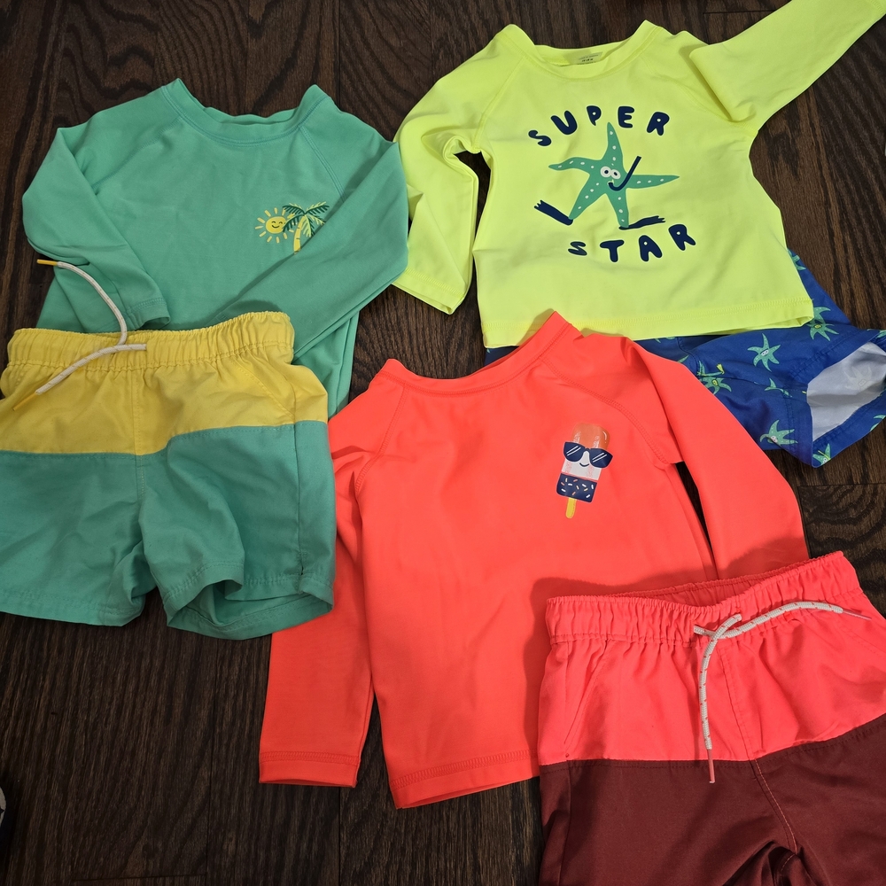 Kids Bright Swim Rash Guards & Swim Shorts Set - Neon Yellow, Coral, Teal